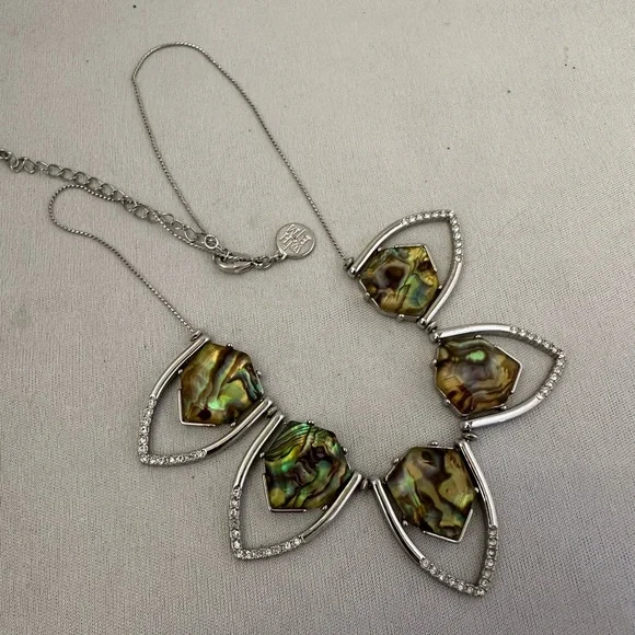 White House Black Market silver tone necklace abalone and rhinestones - Picture 2 of 4